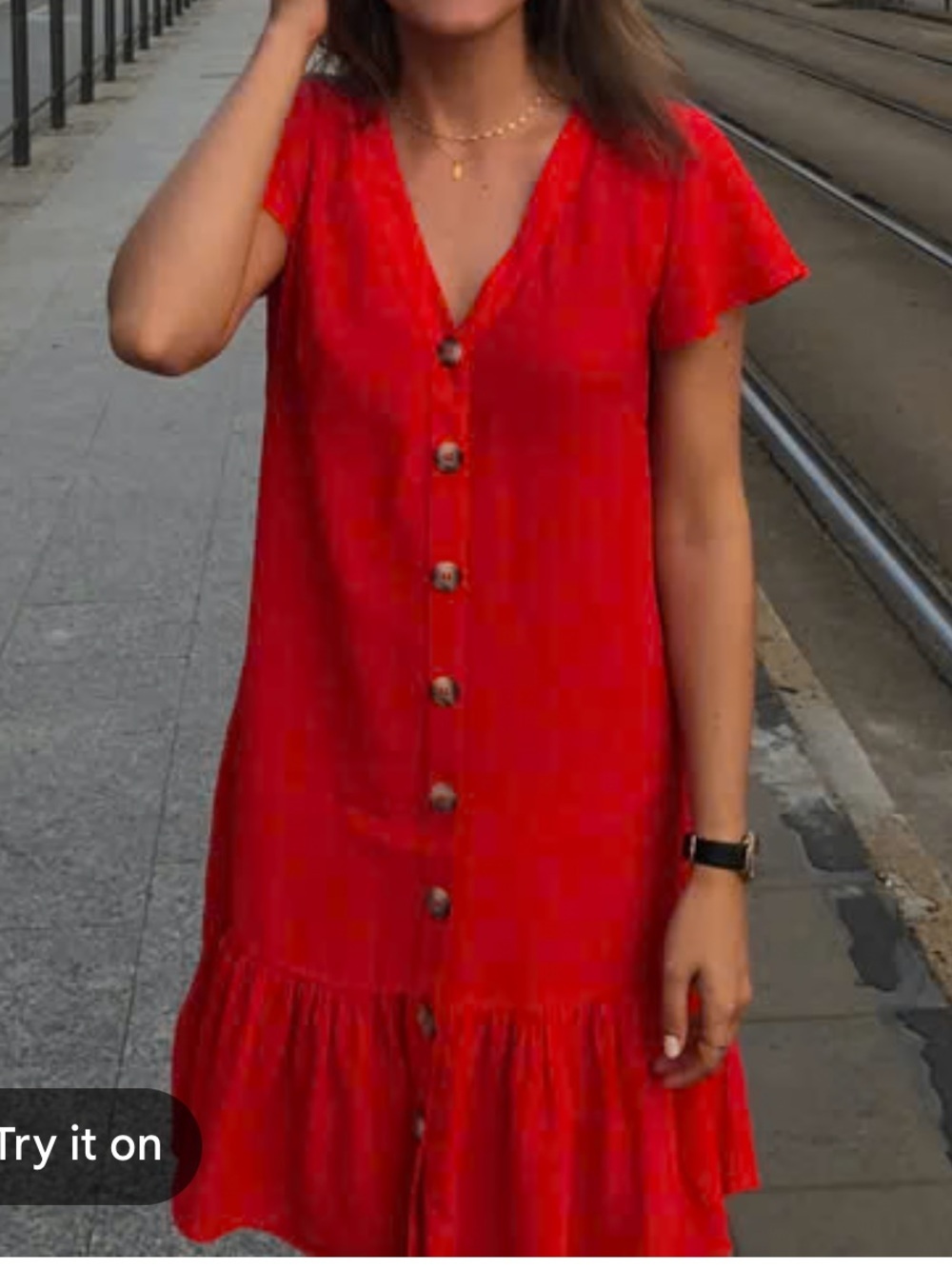 Promod Red Button-Front V-Neck Summer Dress Flounce Hem 2 Women’s
